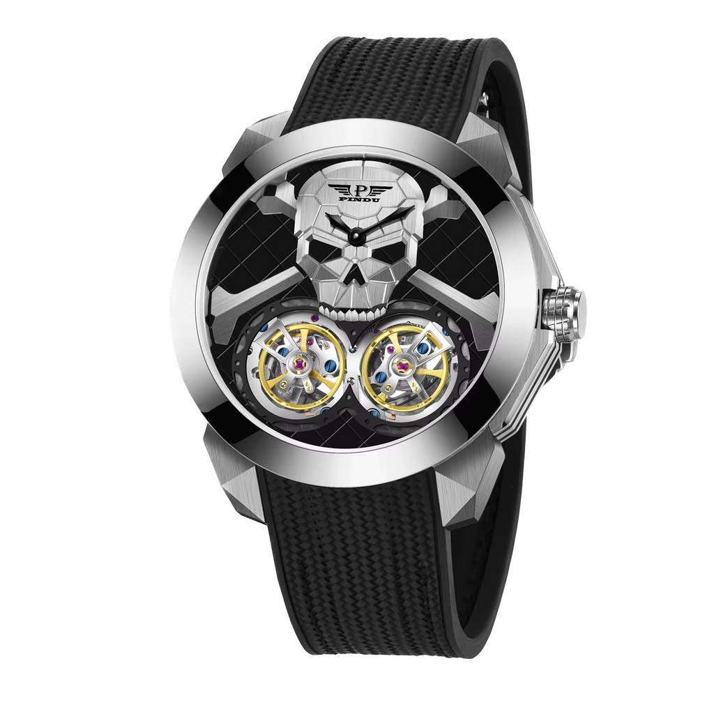 PINDU P6666 double flying wheel automatic watch rose gold case black rubber strap brushed skull dial dual yellow tourbillon complications diamond bezel front view