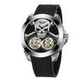 PINDU P6666 double flying wheel automatic watch rose gold case black rubber strap brushed skull dial dual yellow tourbillon complications diamond bezel front view