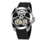 PINDU P6666 double flying wheel automatic watch rose gold case black rubber strap brushed skull dial dual yellow tourbillon complications diamond bezel front view