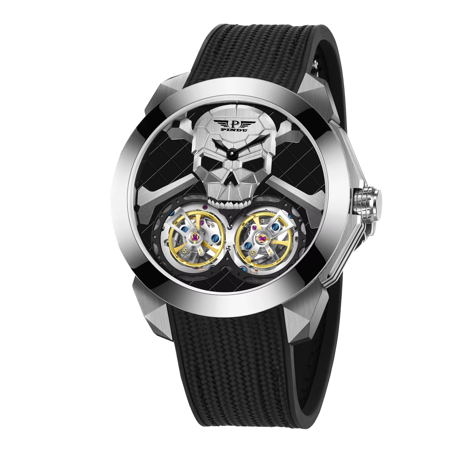 PINDU P6666 double flying wheel automatic watch rose gold case black rubber strap brushed skull dial dual yellow tourbillon complications diamond bezel front view