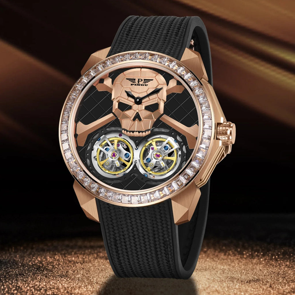 PINDU P6666 double flying wheel automatic watch on wrist beach sand outdoor rose gold case dual yellow tourbillon complications skull dial diamond bezel black rubber strap warm lighting