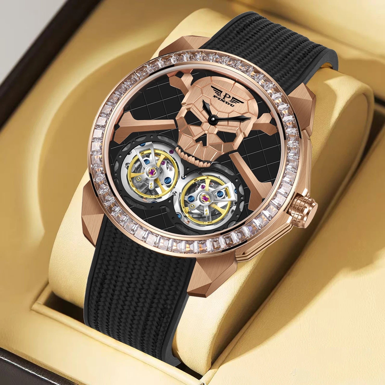 PINDU P6666 double flying wheel automatic watch on wrist rose gold case black rubber strap dual tourbillon wheels ghost head dial diamond bezel studio wrist shot