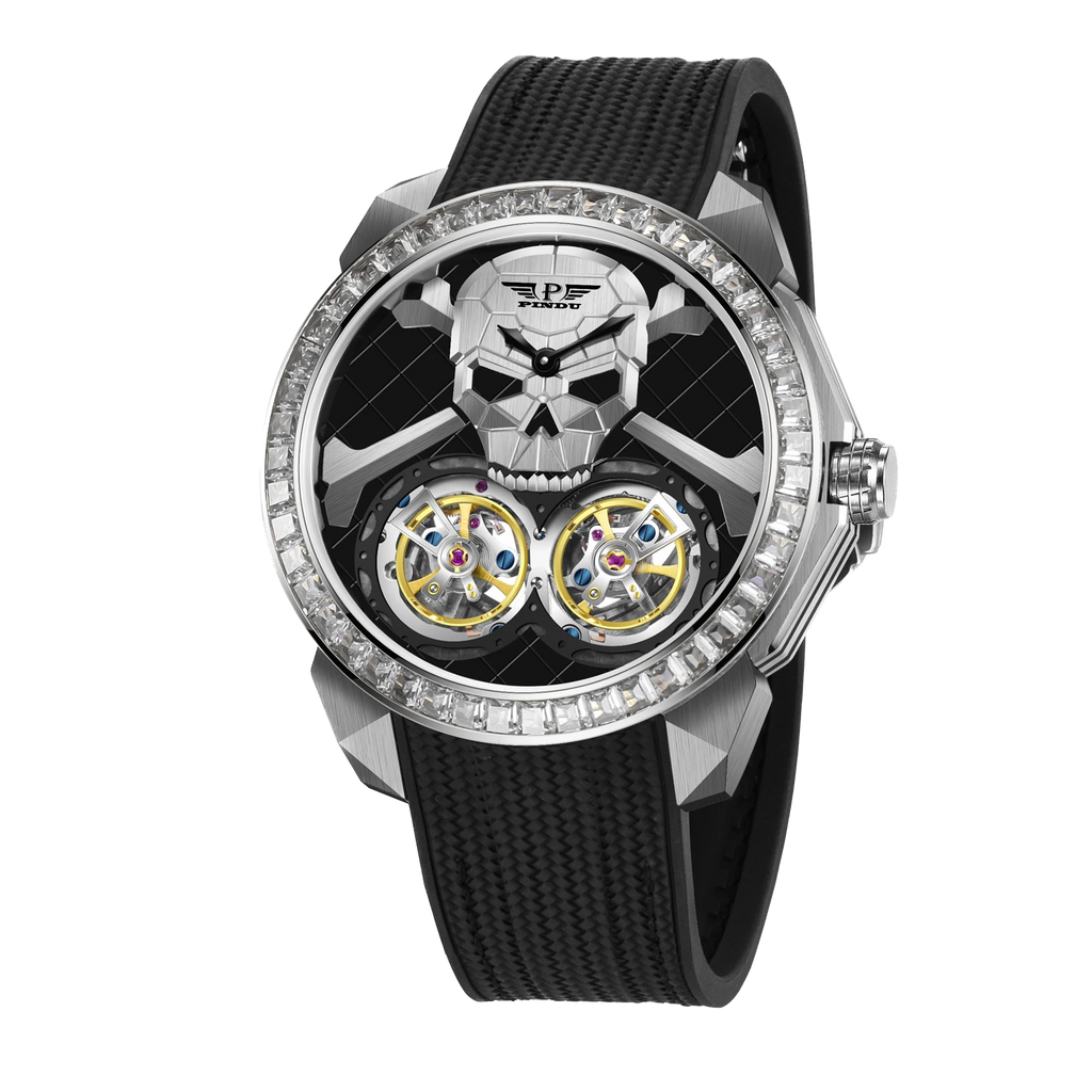 PINDU P6666 double flying wheel automatic watch rose gold case black rubber strap skull dial dual flying tourbillons yellow blue accents diamond-studded bezel front view