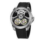 PINDU P6666 double flying wheel automatic watch rose gold case black rubber strap skull dial dual flying tourbillons yellow blue accents diamond-studded bezel front view
