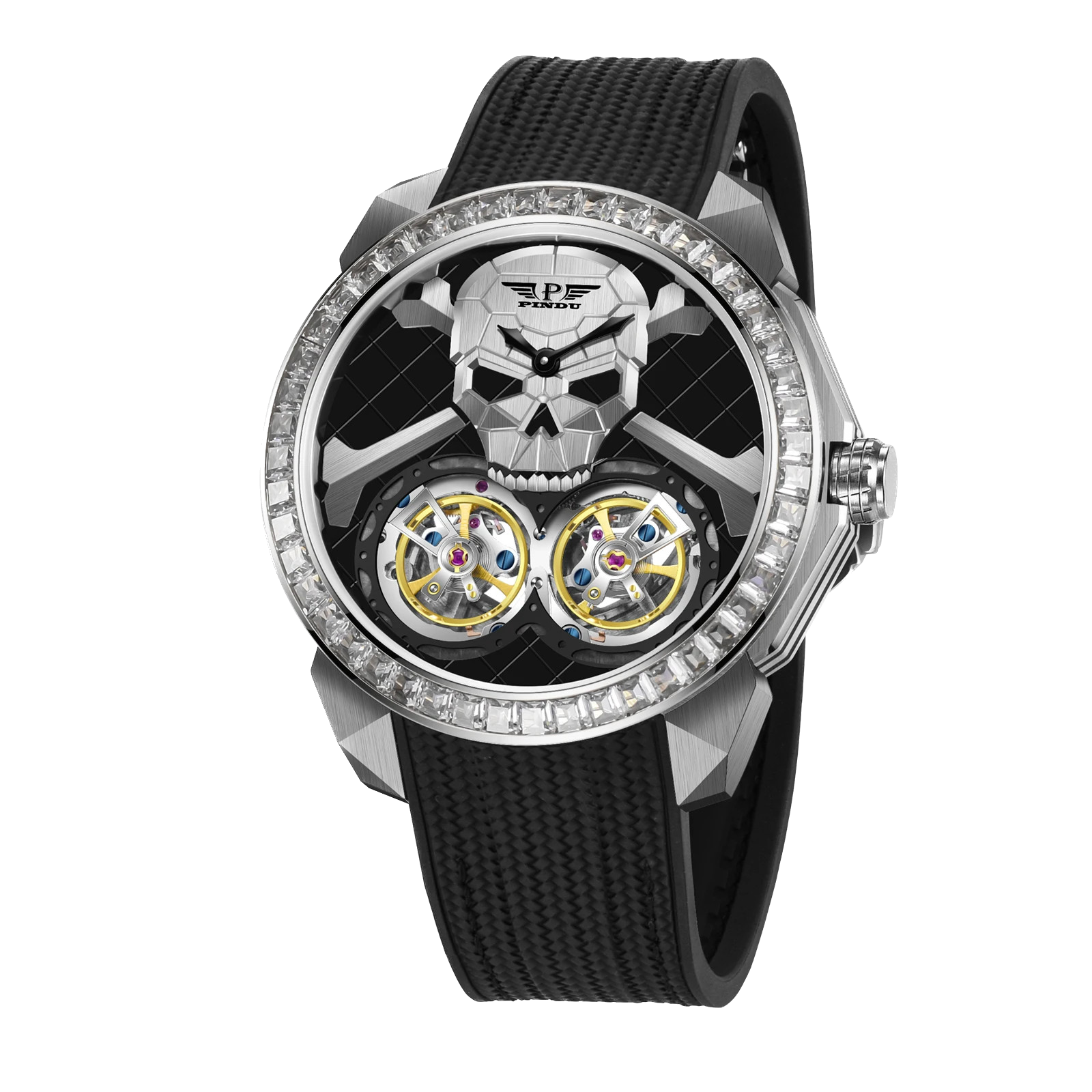 PINDU P6666 double flying wheel automatic watch rose gold case black rubber strap skull dial dual flying tourbillons yellow blue accents diamond-studded bezel front view