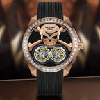 PINDU P6666 double flying wheel automatic watch three-quarter angled wrist view rose gold case dual yellow tourbillons skull dial black rubber strap diamond bezel