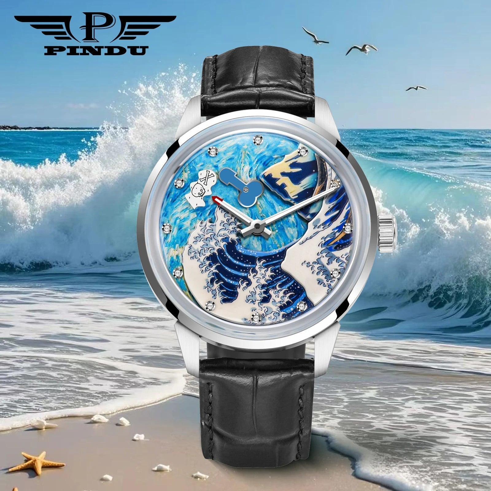 PINDU P6668 skeleton wave dial watch silver case black crocodile leather strap blue cream ocean wave art dial skeleton elements front view