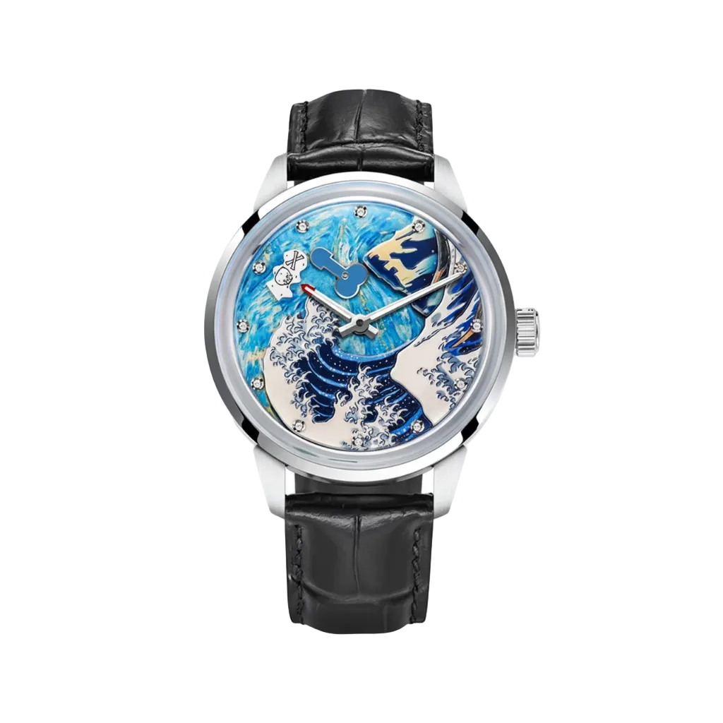 PINDU P6668 skeleton wave dial watch silver case black leather strap blue white Japanese wave art Hokusai-inspired dial diamond hour markers front view