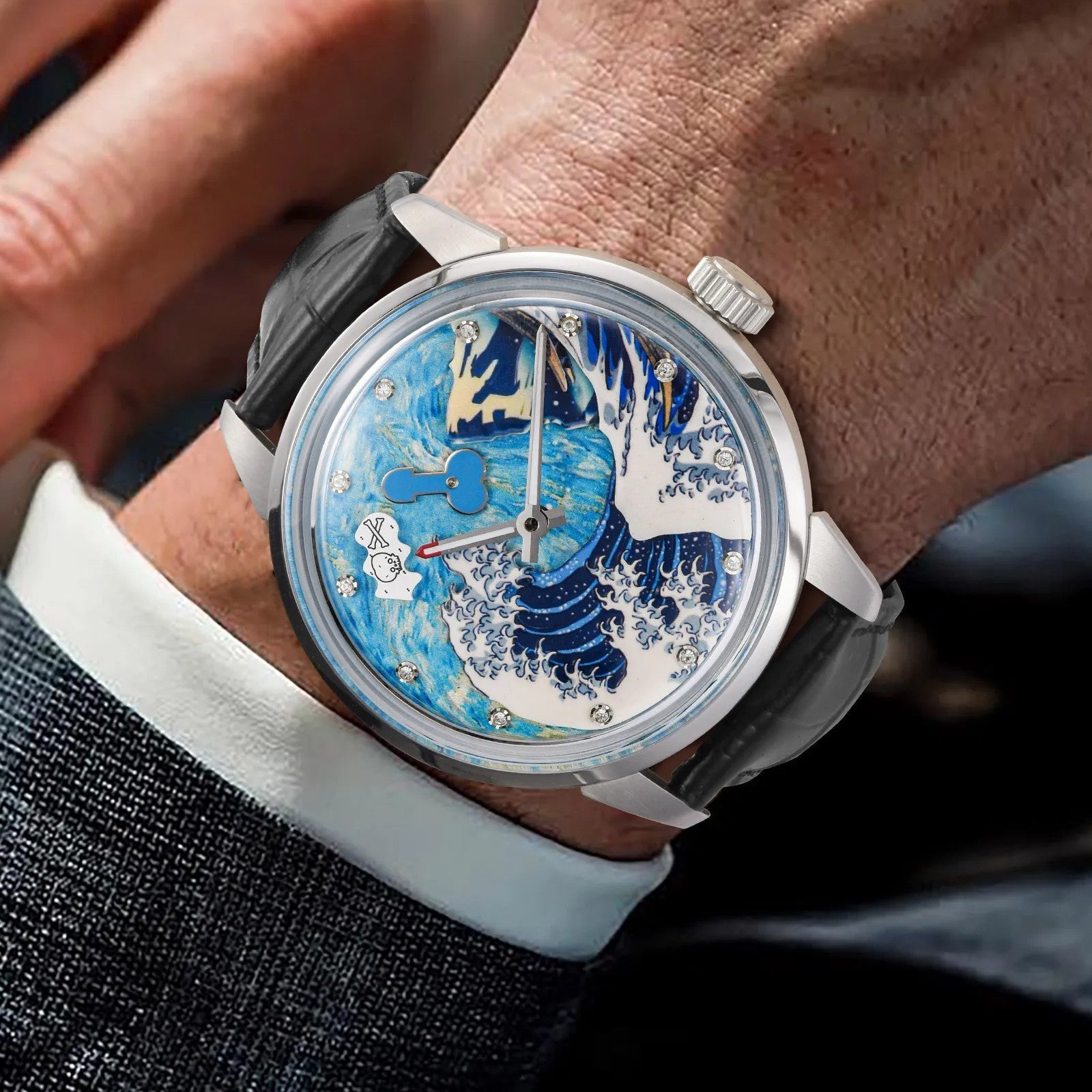 PINDU P6668 skeleton wave dial watch silver case black leather strap beach lifestyle shot ocean background sand setting