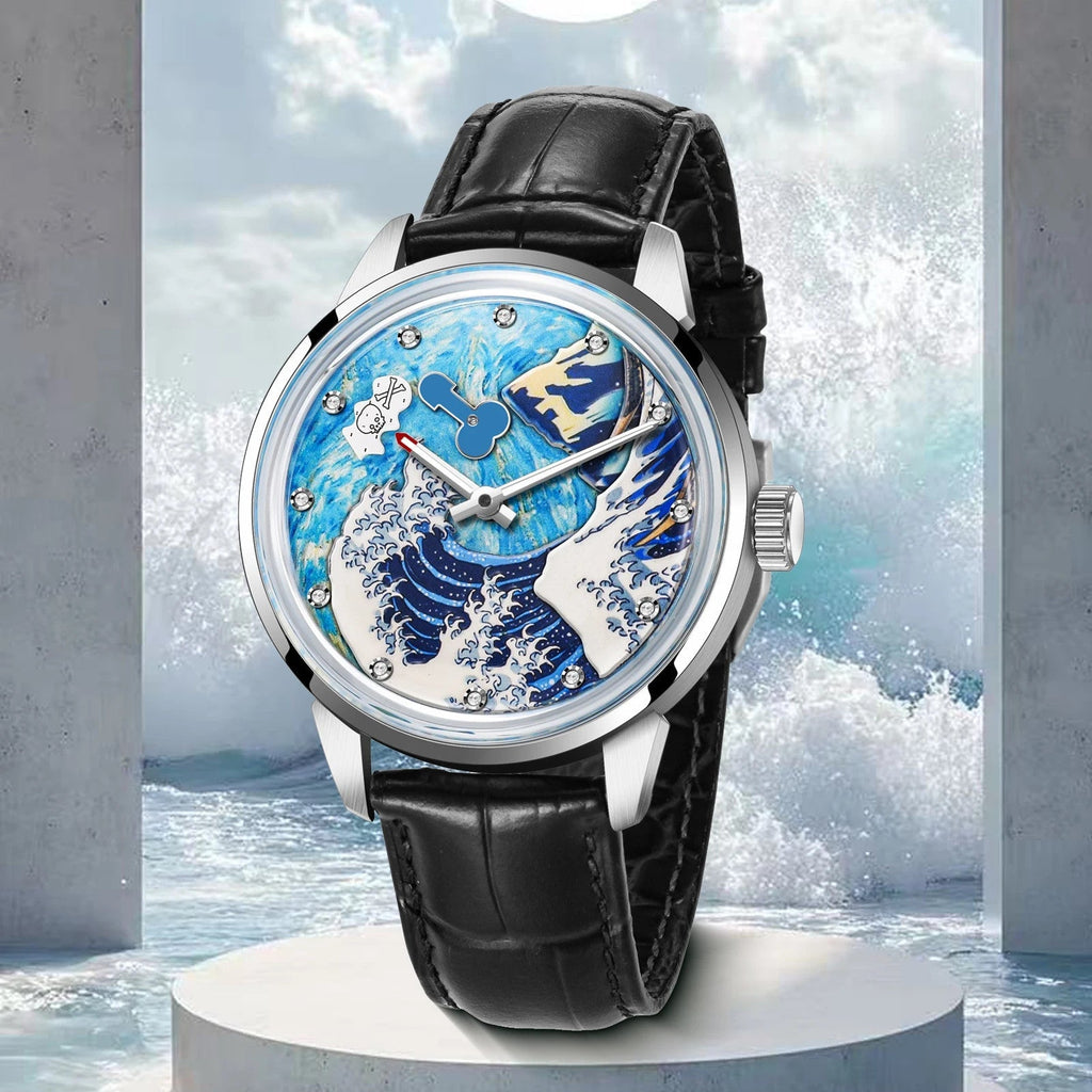 PINDU P6668 skeleton wave dial watch silver case black leather strap display stand water backdrop blue cream wave dial product shot