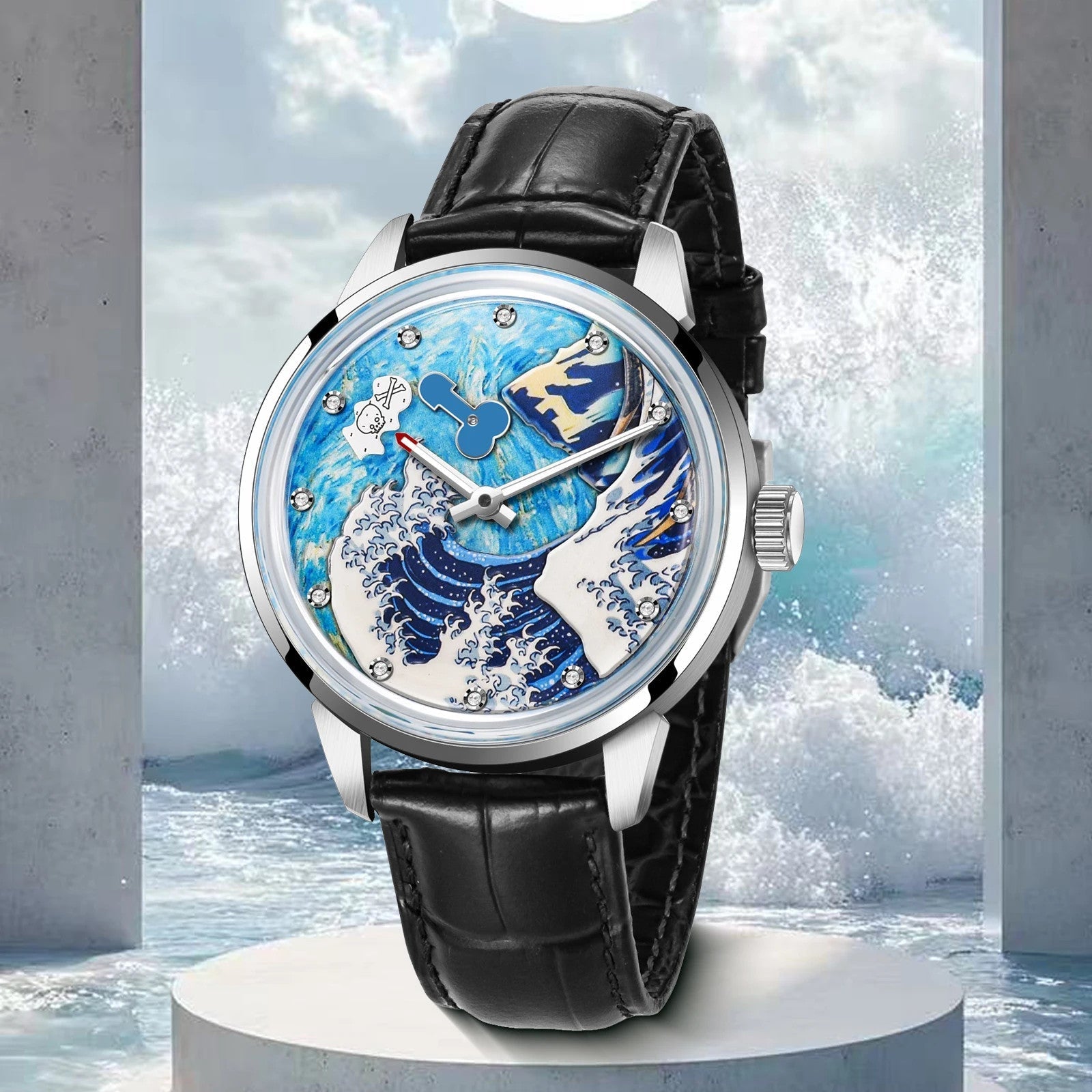 PINDU P6668 skeleton wave dial watch silver case black leather strap display stand water backdrop blue cream wave dial product shot