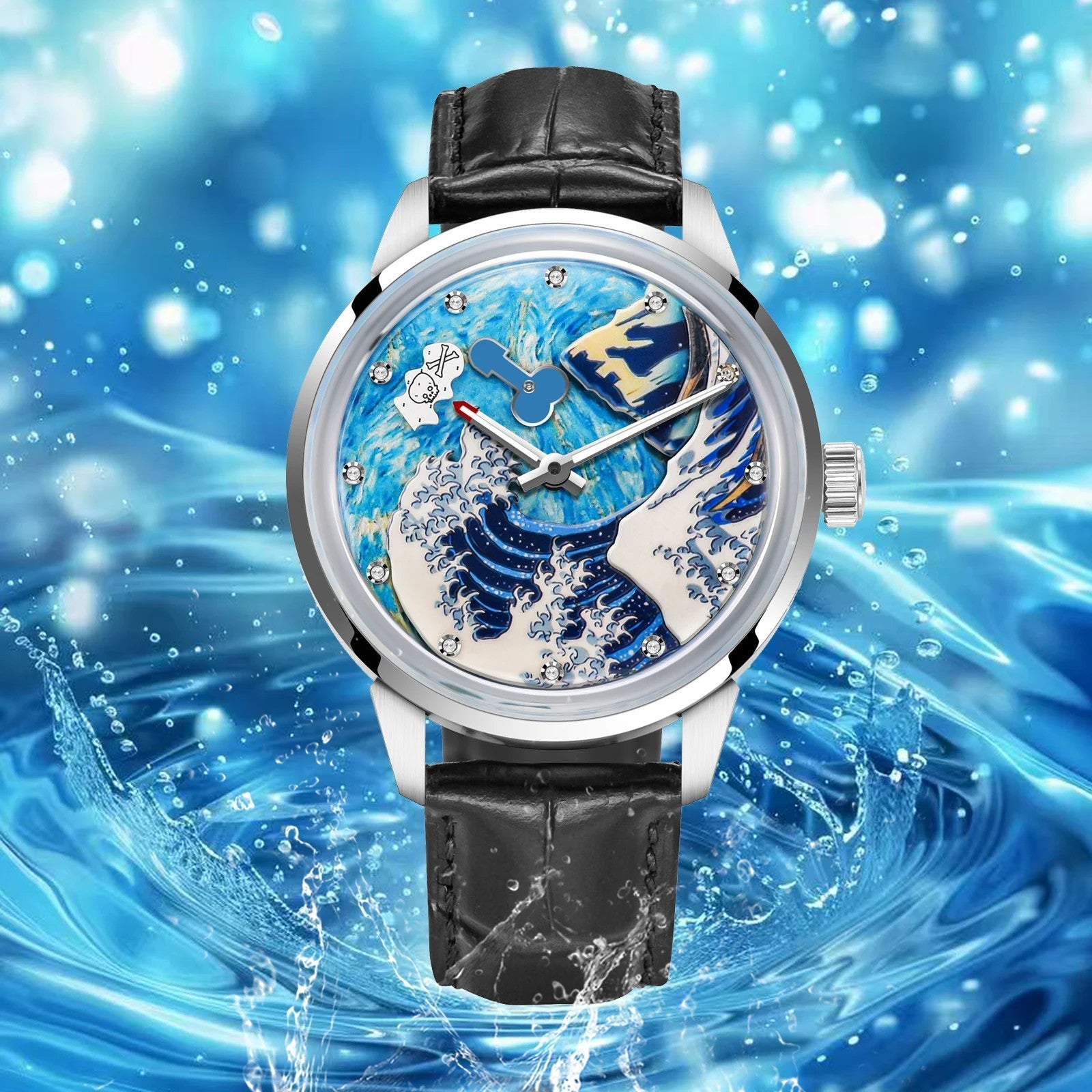 PINDU P6668 skeleton wave dial watch silver polished case black leather strap intricate blue white ocean wave art skeleton dial close-up front view