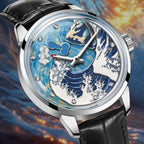 PINDU P6668 skeleton wave dial watch silver tonneau case black leather strap blue white wave-patterned dial Japanese art aesthetic product front view