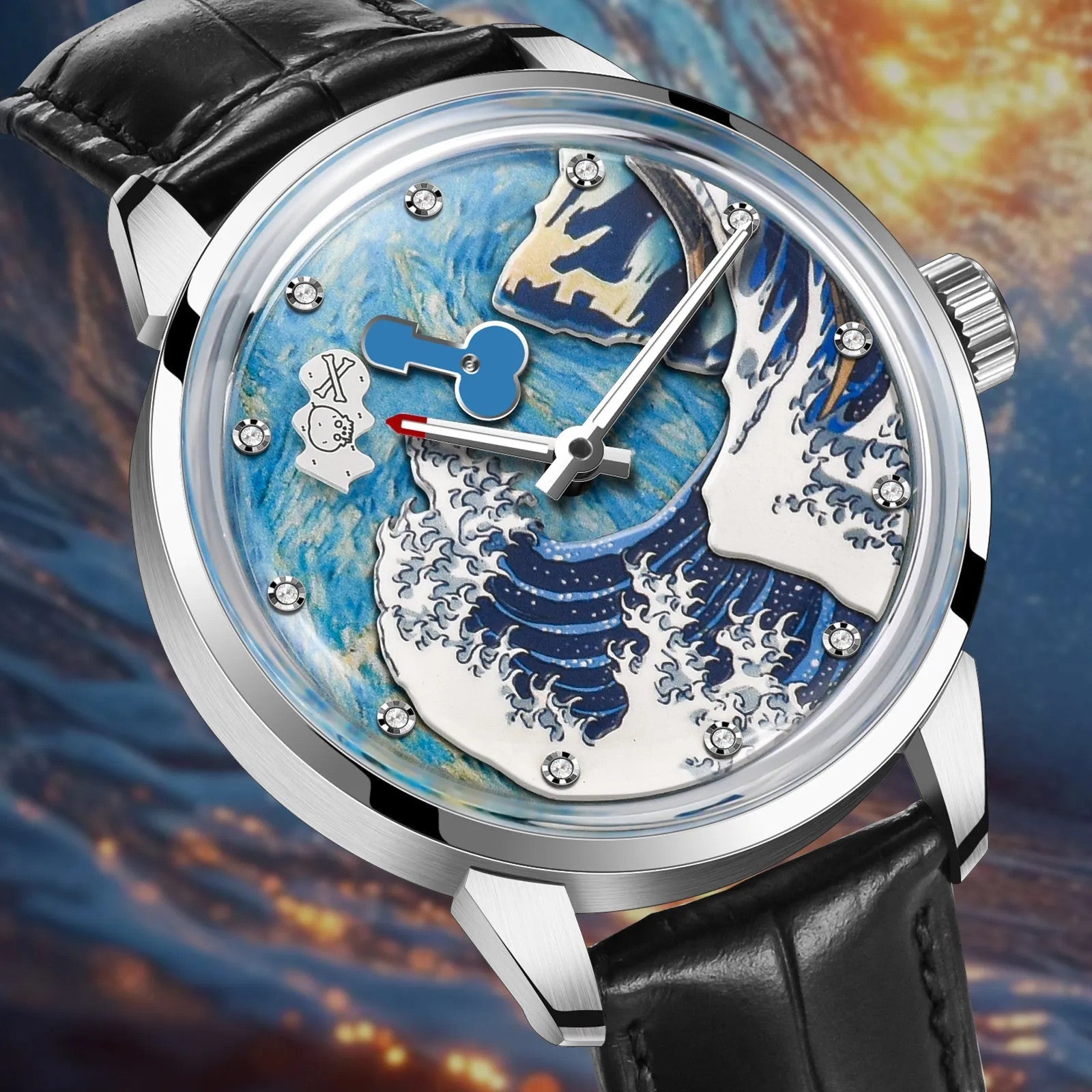 PINDU P6668 skeleton wave dial watch silver tonneau case black leather strap blue white wave-patterned dial Japanese art aesthetic product front view