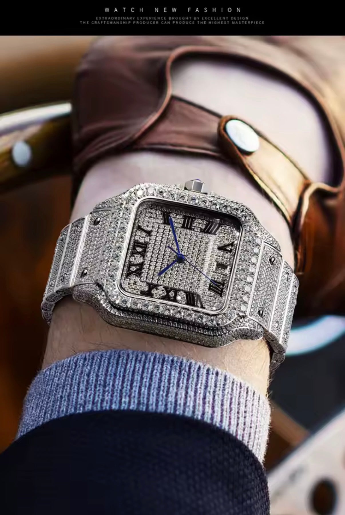 PINDU P6669 square automatic watch close-up wrist detail diamond pave dial Roman numeral markers blue hand set white precious metal case and bracelet