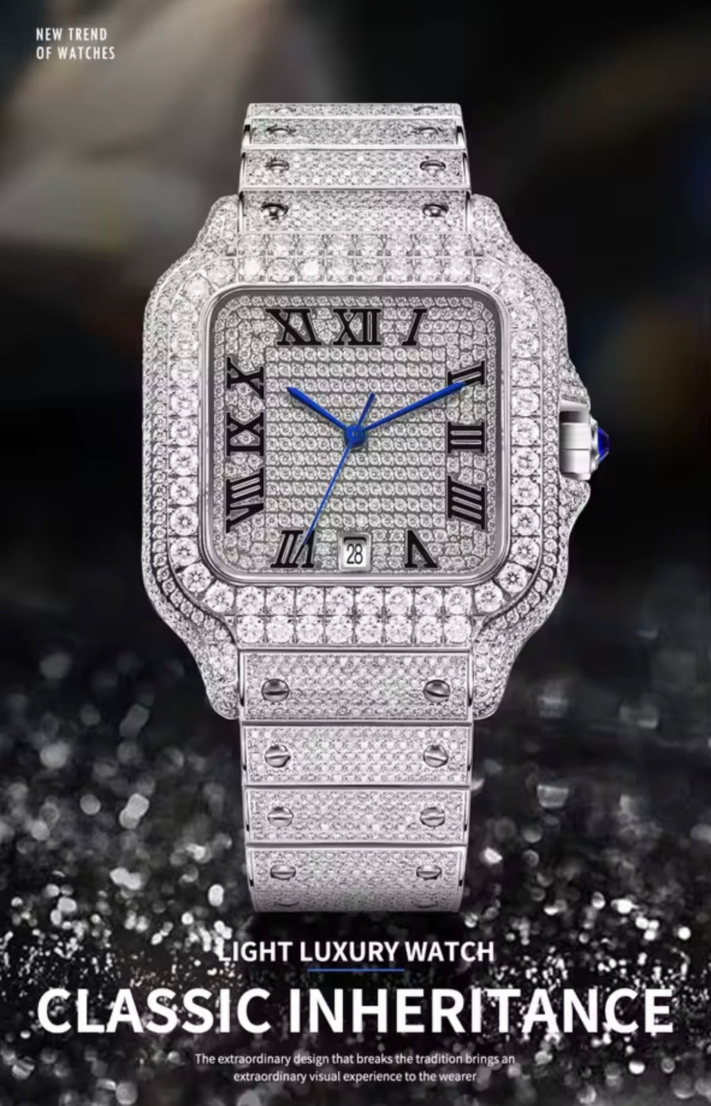 PINDU P6669 square automatic watch three-quarter angled view full diamond glittering case iced pave white dial black Roman numerals blue hands precious metal bracelet