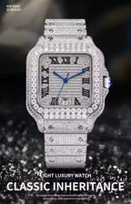 PINDU P6669 square automatic watch three-quarter angled view full diamond glittering case iced pave white dial black Roman numerals blue hands precious metal bracelet