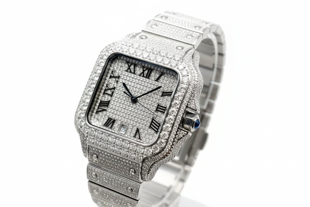 PINDU P6669 square automatic watch full diamond pave case and bracelet sparkly iced white dial Roman numerals blue hand set date window 3 o'clock front view