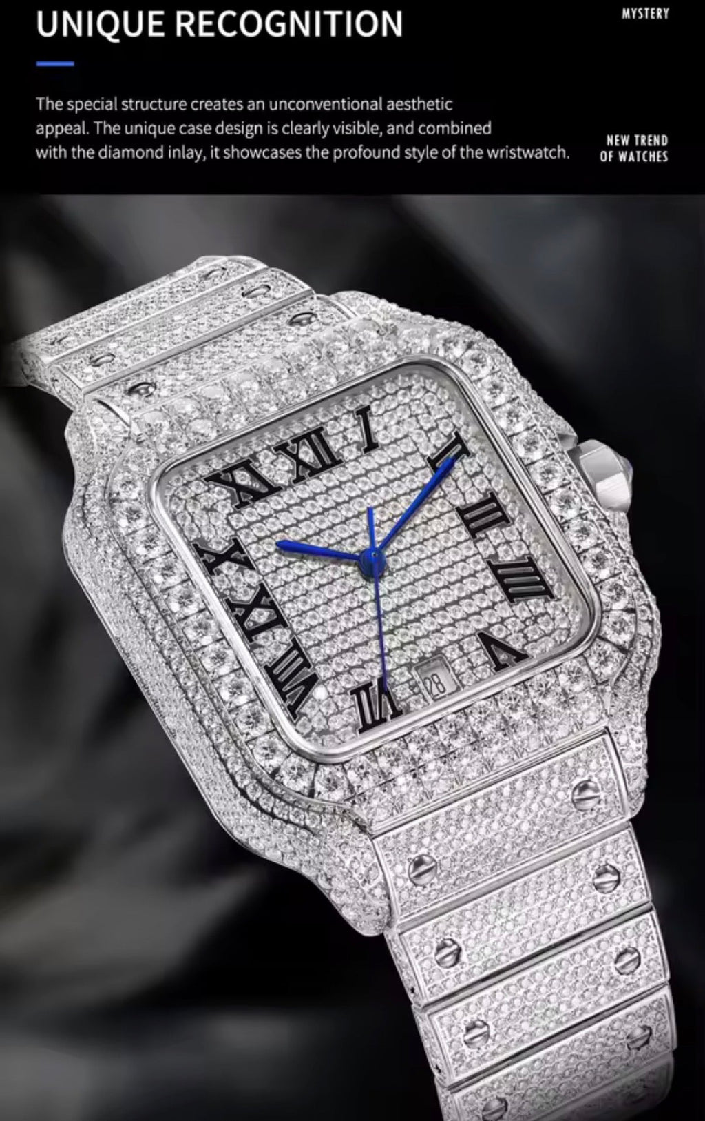 PINDU P6669 square automatic watch on wrist white cuff full diamond coverage case and bracelet iced dial texture Roman numerals luxury lifestyle shot