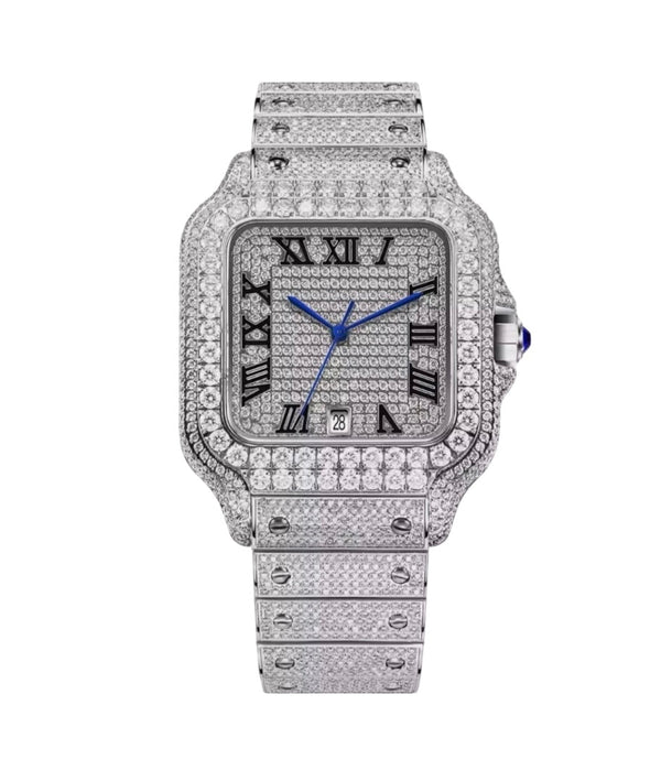 PINDU P6669 square automatic watch full pave diamond case and bracelet white iced diamond dial black Roman numerals blue hands date window front view studio shot