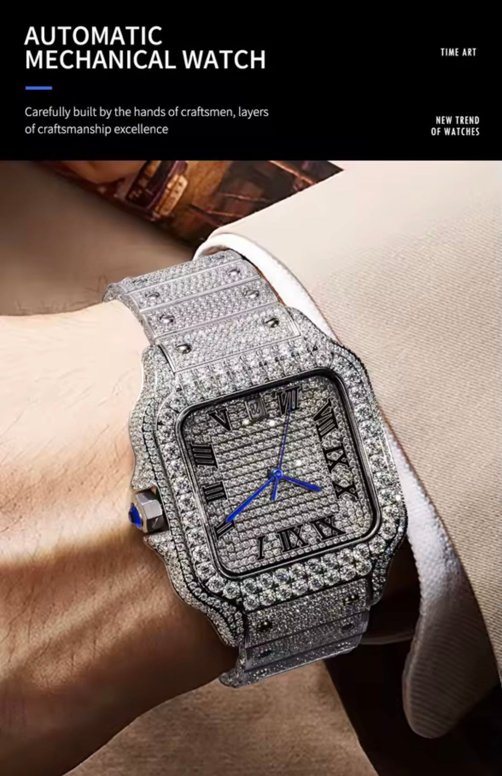 PINDU P6669 square automatic watch on wrist white sleeve full diamond pave case and bracelet white iced dial Roman numerals blue hands luxury wrist shot