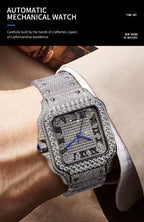 PINDU P6669 square automatic watch on wrist white sleeve full diamond pave case and bracelet white iced dial Roman numerals blue hands luxury wrist shot
