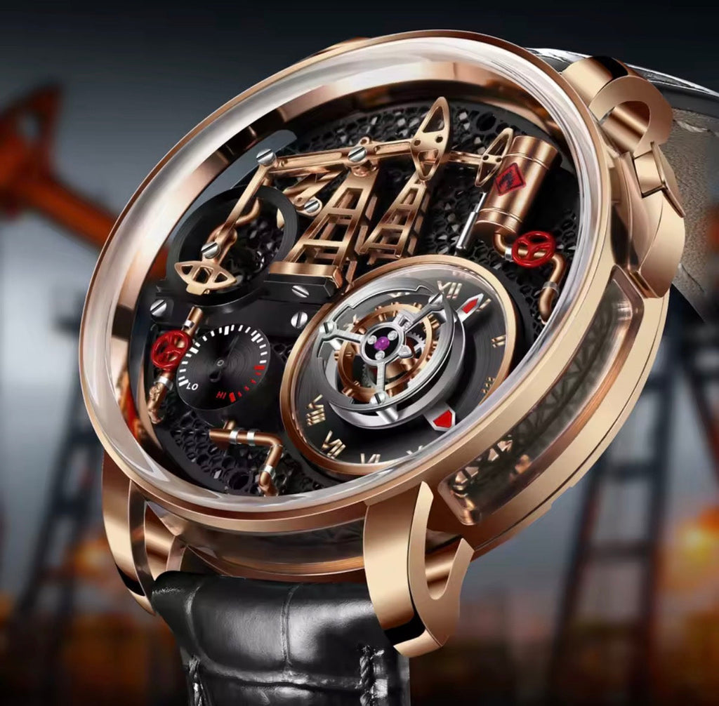 PINDU P6673 oil pump quartz skeleton watch on wrist black leather strap rose gold case dial detail intricate oil pump skeleton rose gold components Roman numeral subdial