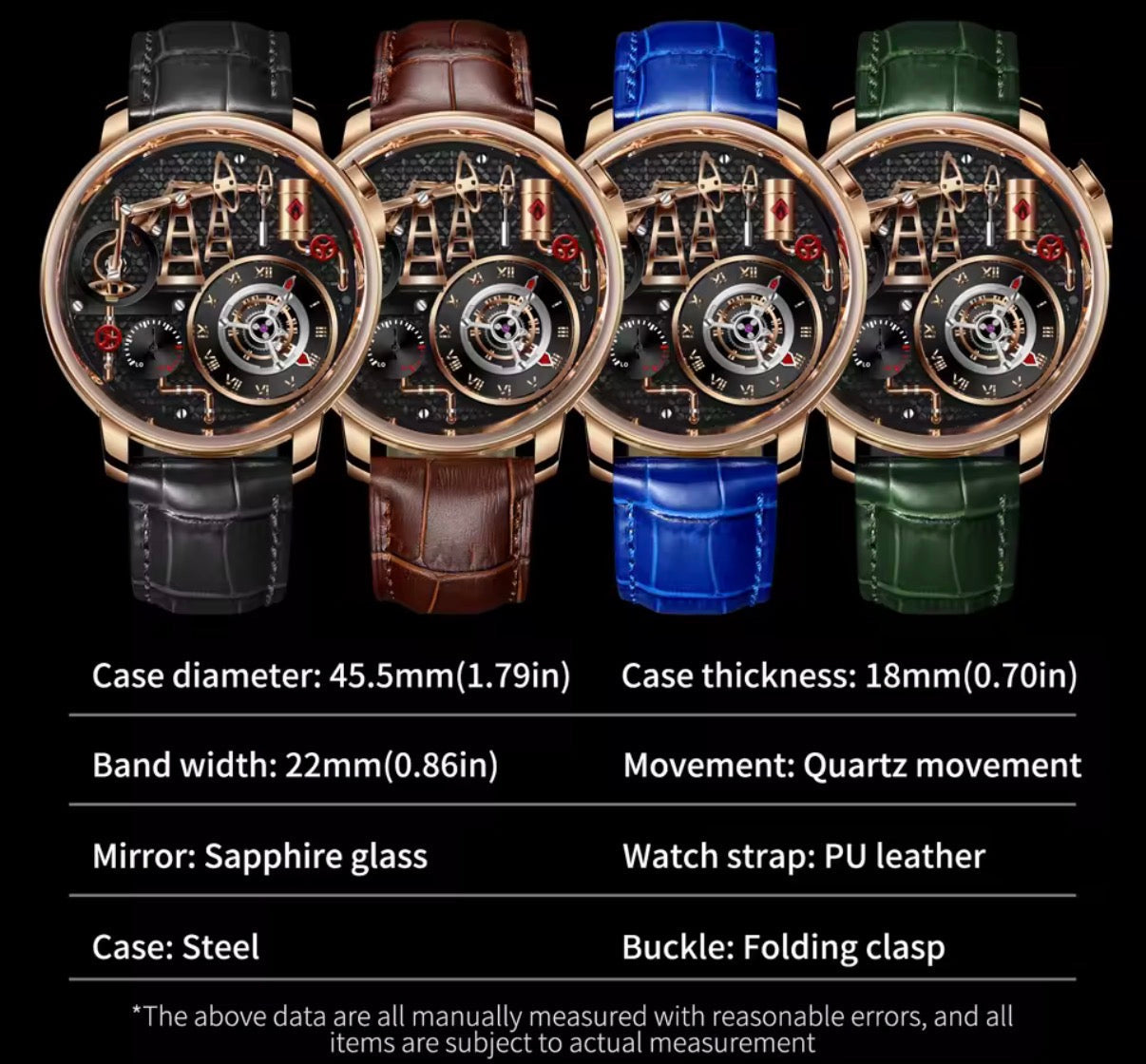 PINDU P6673 oil pump quartz skeleton watch product comparison four strap color variants black brown blue green specifications 45.5mm case sapphire crystal PU leather strap