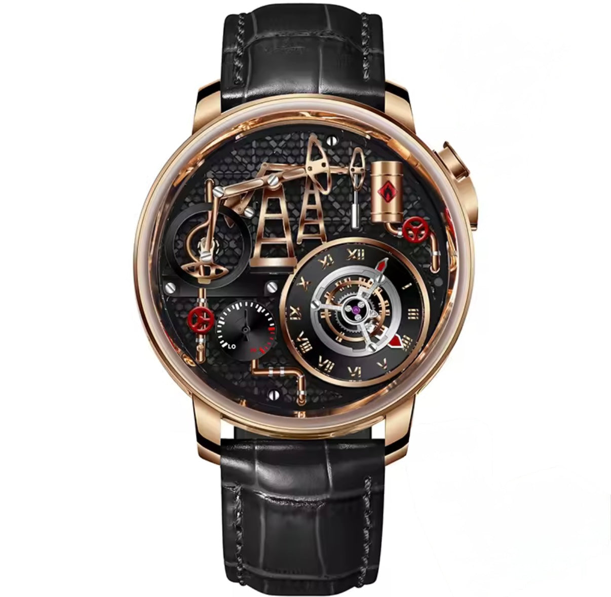 PINDU P6673 oil pump quartz skeleton watch rose gold case black crocodile leather strap black skeleton dial rose gold oil pump framework circular Roman numeral subdial front view