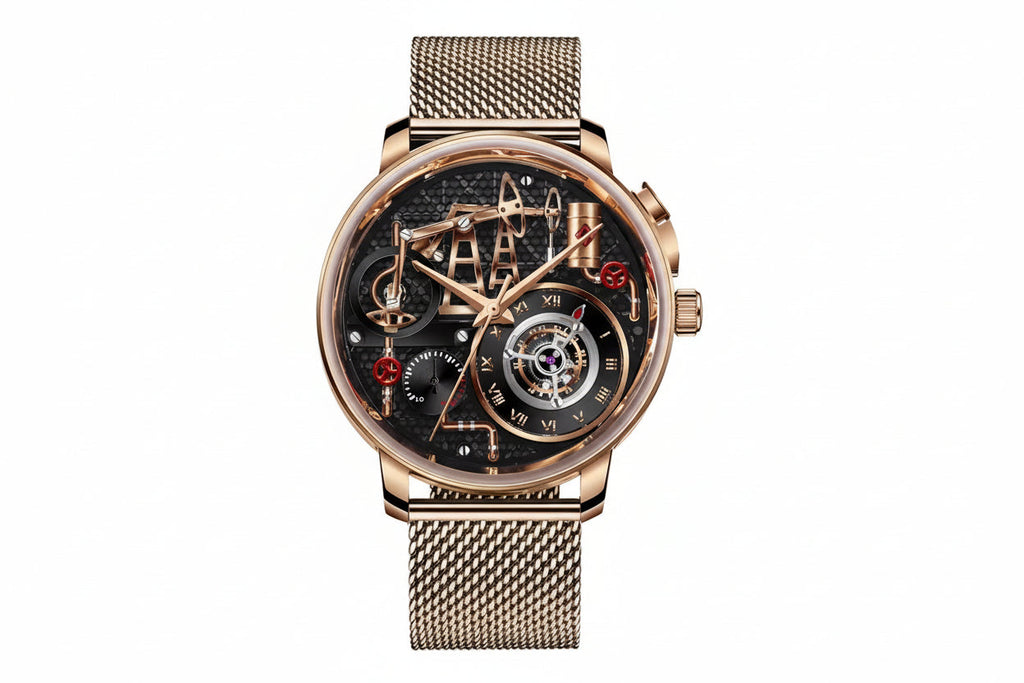 PINDU P6673 oil pump quartz skeleton watch on wrist rose gold case black leather strap 3D skeleton oil pump dial angled industrial background wrist lifestyle shot