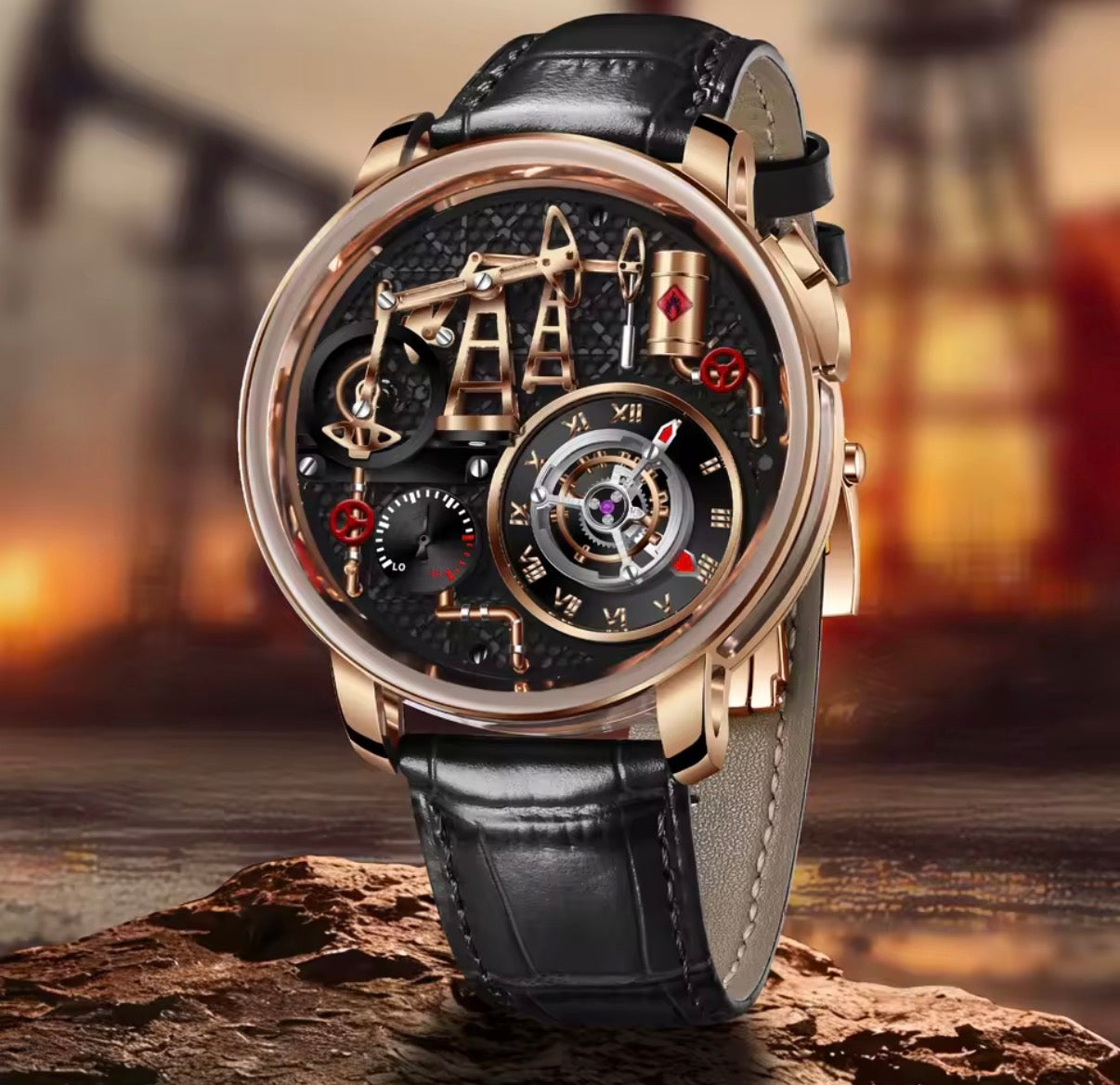 PINDU P6673 oil pump quartz skeleton watch on wrist rose gold case black leather strap oil pump skeleton dial rustic background lifestyle shot