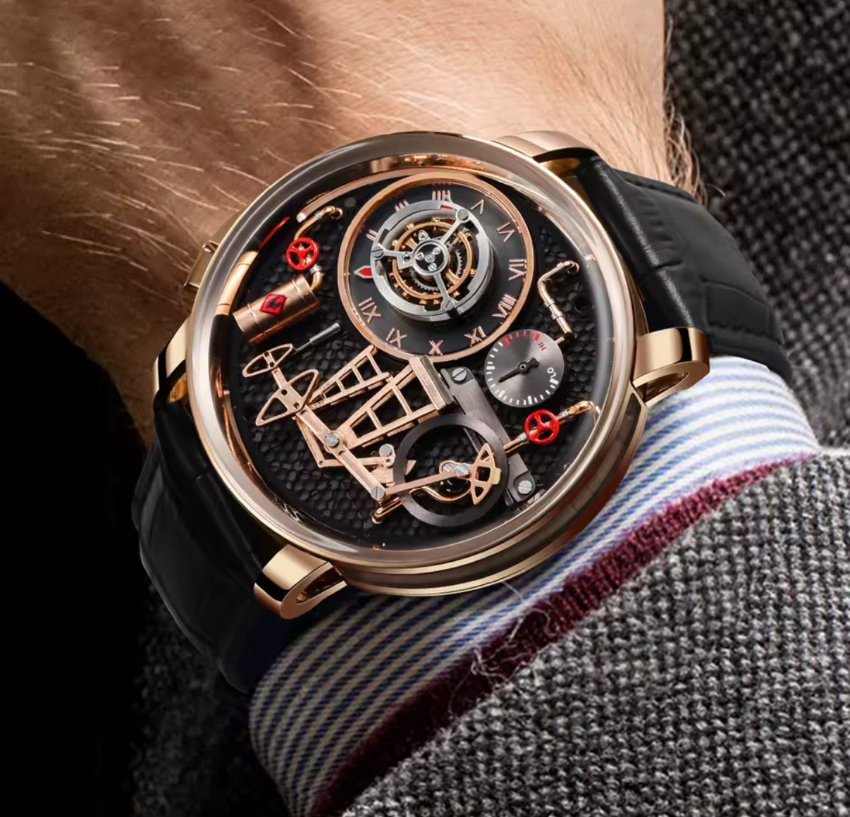 PINDU P6673 oil pump quartz skeleton watch on wrist rose gold case black strap skeleton oil pump dial blurred architectural background lifestyle shot