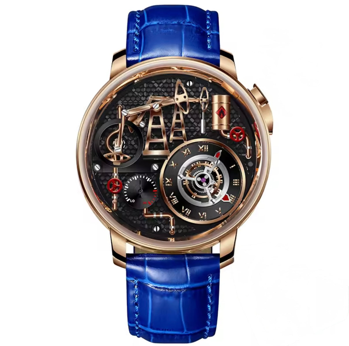 PINDU P6673 oil pump quartz skeleton watch rose gold case blue crocodile leather strap black dial 3D rose gold oil pump mechanism circular Roman numeral subdial front view