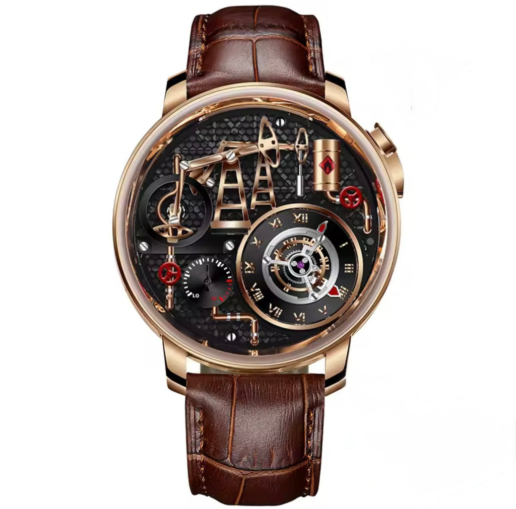 PINDU P6673 oil pump quartz skeleton watch rose gold case brown crocodile leather strap black skeleton dial 3D oil pump complication rose gold polished bezel front view