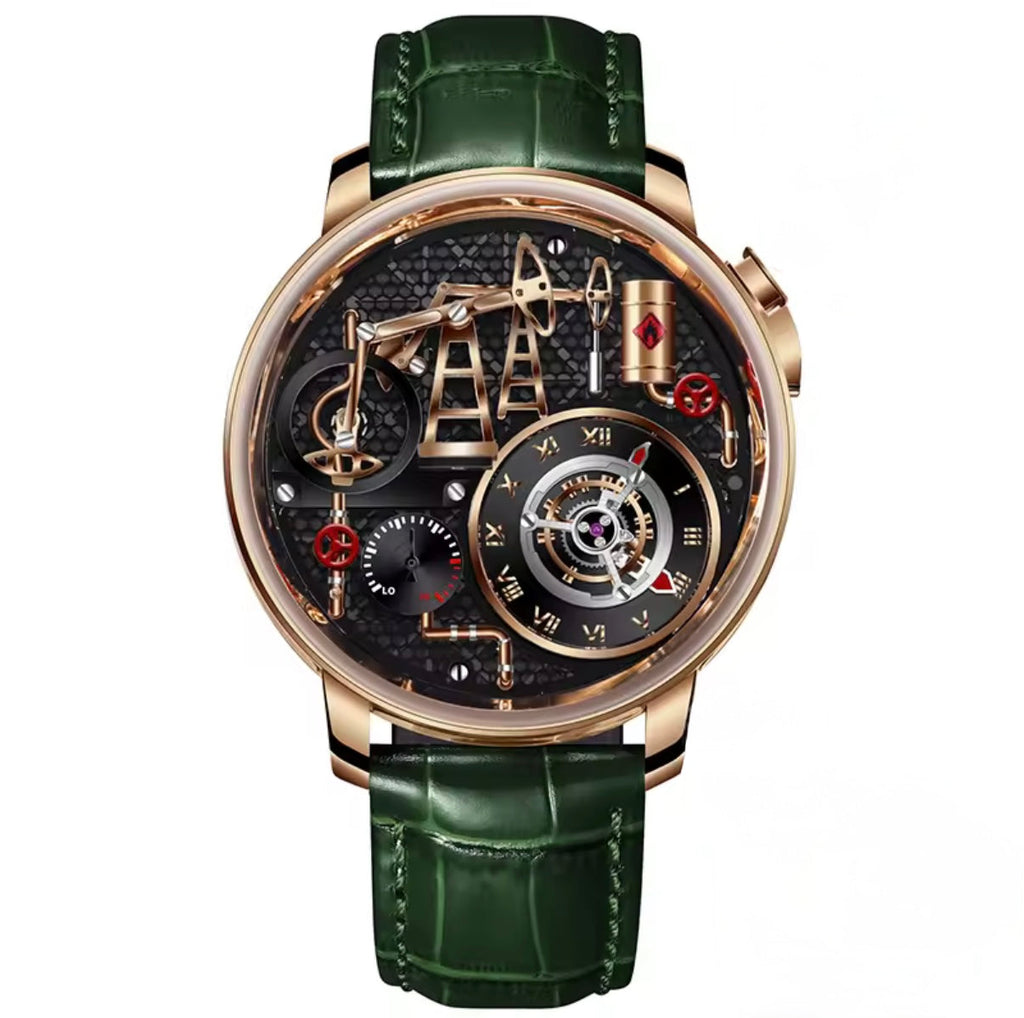 PINDU P6673 oil pump quartz skeleton watch rose gold case green crocodile leather strap black skeleton dial 3D rose gold oil pump mechanism circular subdial front view