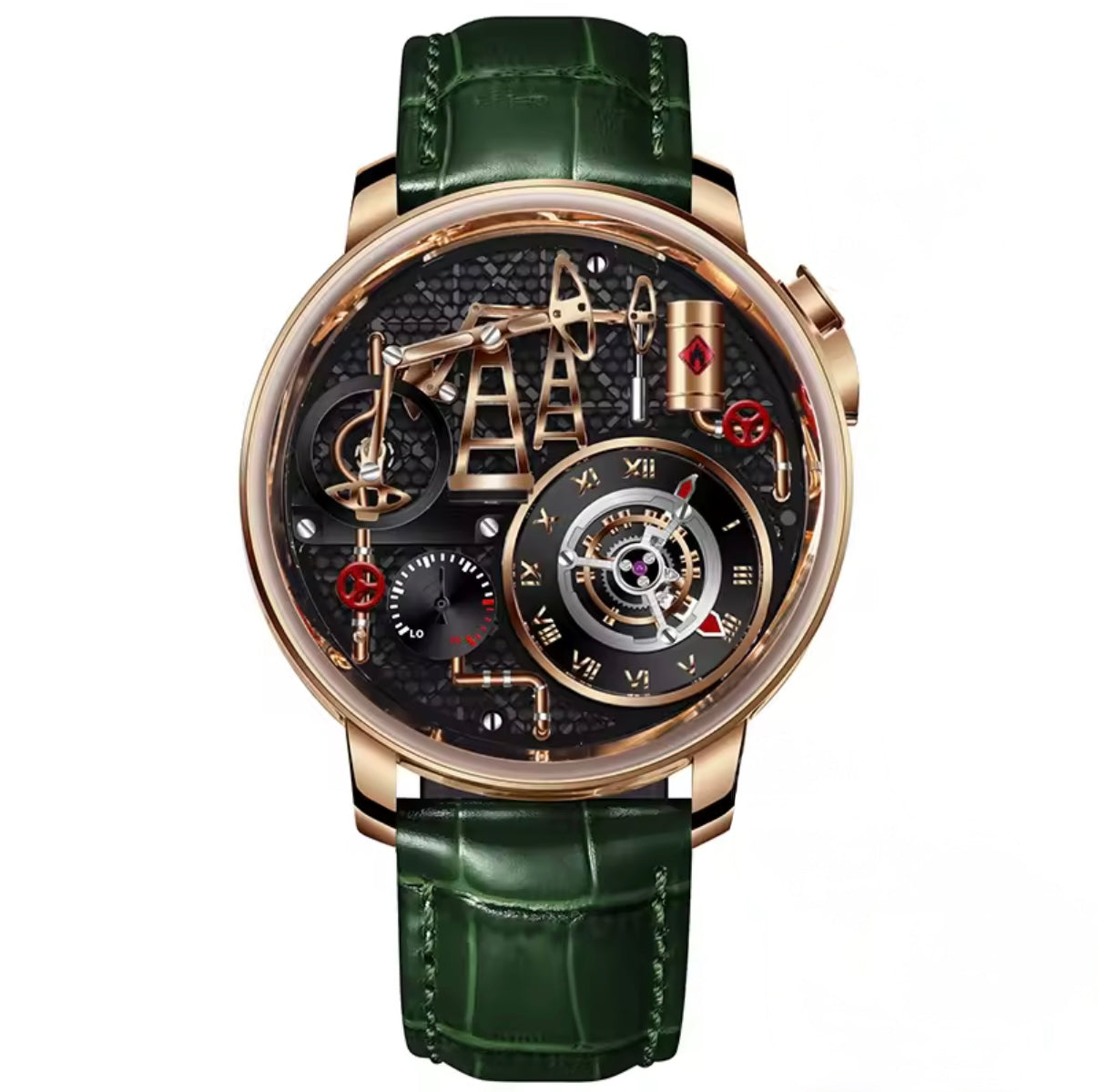 PINDU P6673 oil pump quartz skeleton watch rose gold case green crocodile leather strap black skeleton dial 3D rose gold oil pump mechanism circular subdial front view
