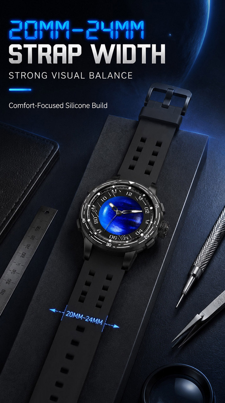 PINDU P6676 Planet Series 20mm-24mm strap width panel, watch on a black box beside a ruler and watchmaker tools