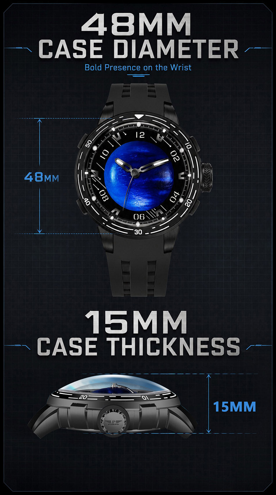 PINDU P6676 Planet Series sizing panel with 48mm case diameter measured front-on and 15mm case thickness in side profile