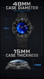 PINDU P6676 Planet Series sizing panel with 48mm case diameter measured front-on and 15mm case thickness in side profile