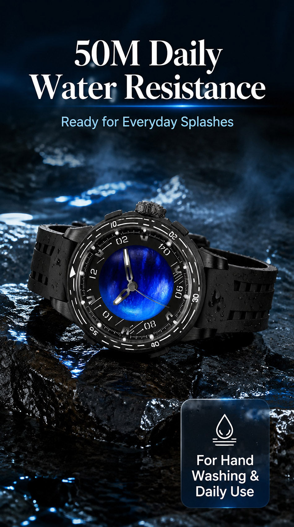 PINDU P6676 Planet Series 50M water resistance panel with the watch resting water-beaded on wet black rock