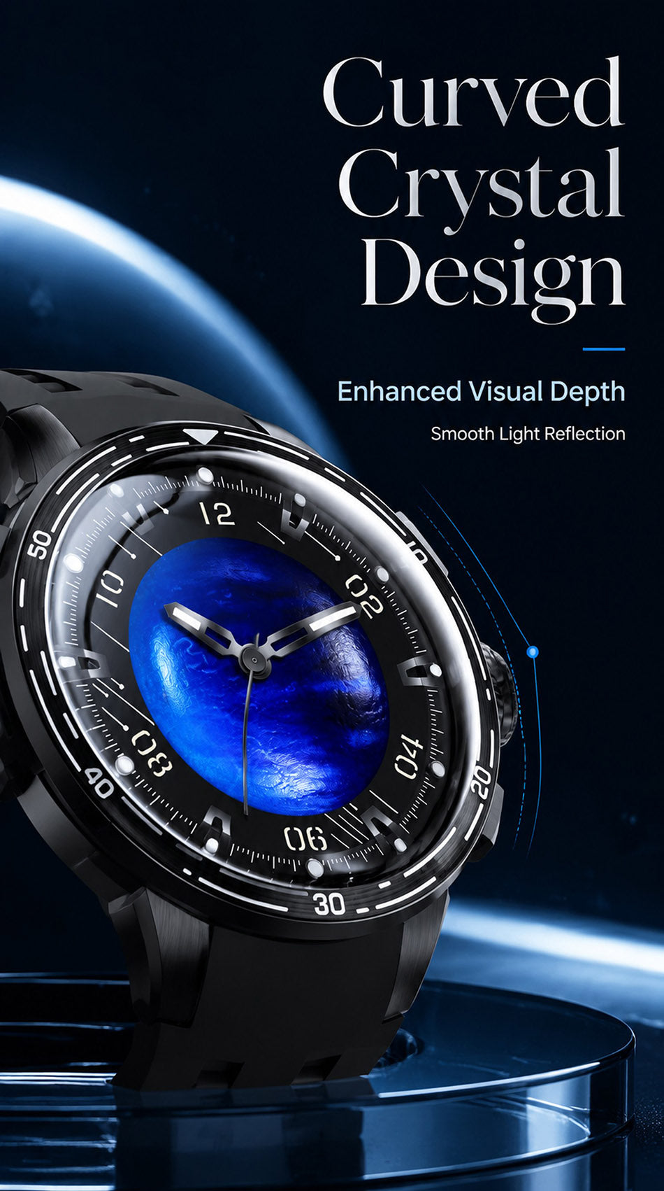 PINDU P6676 Planet Series curved crystal design panel showing smooth light reflection across the domed glass at an angle
