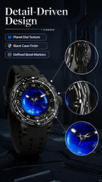 PINDU P6676 Planet Series detail-driven design panel with magnified circles on the crown, bezel markers and dial hands