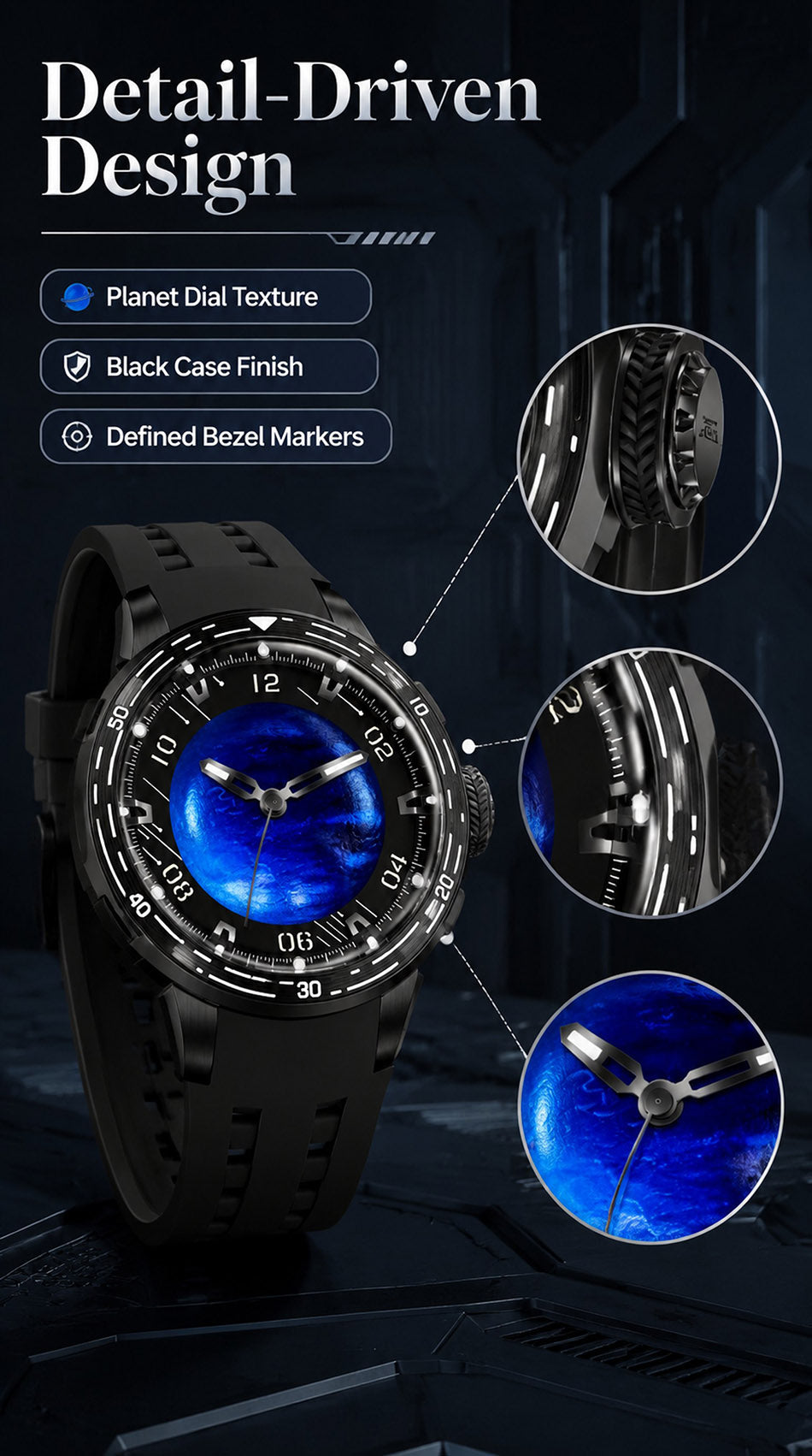 PINDU P6676 Planet Series detail-driven design panel with magnified circles on the crown, bezel markers and dial hands