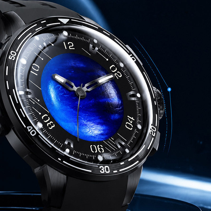 PINDU P6676 Planet Series macro close-up of the curved crystal doming over the blue planet dial and white bezel markers