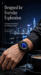 PINDU P6676 Planet Series everyday exploration lifestyle panel, watch on a wrist at a marble bar with a night city skyline