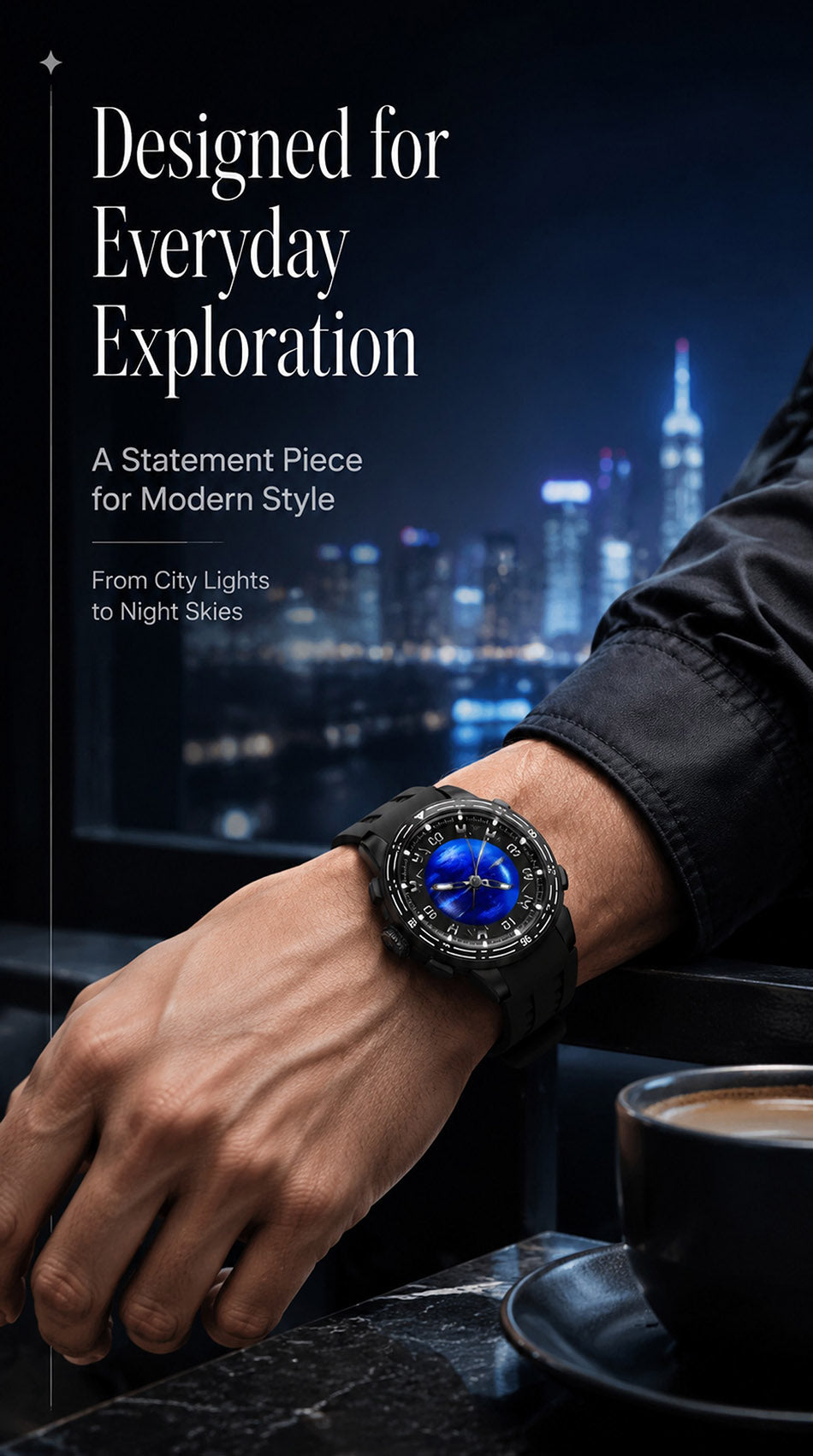 PINDU P6676 Planet Series everyday exploration lifestyle panel, watch on a wrist at a marble bar with a night city skyline