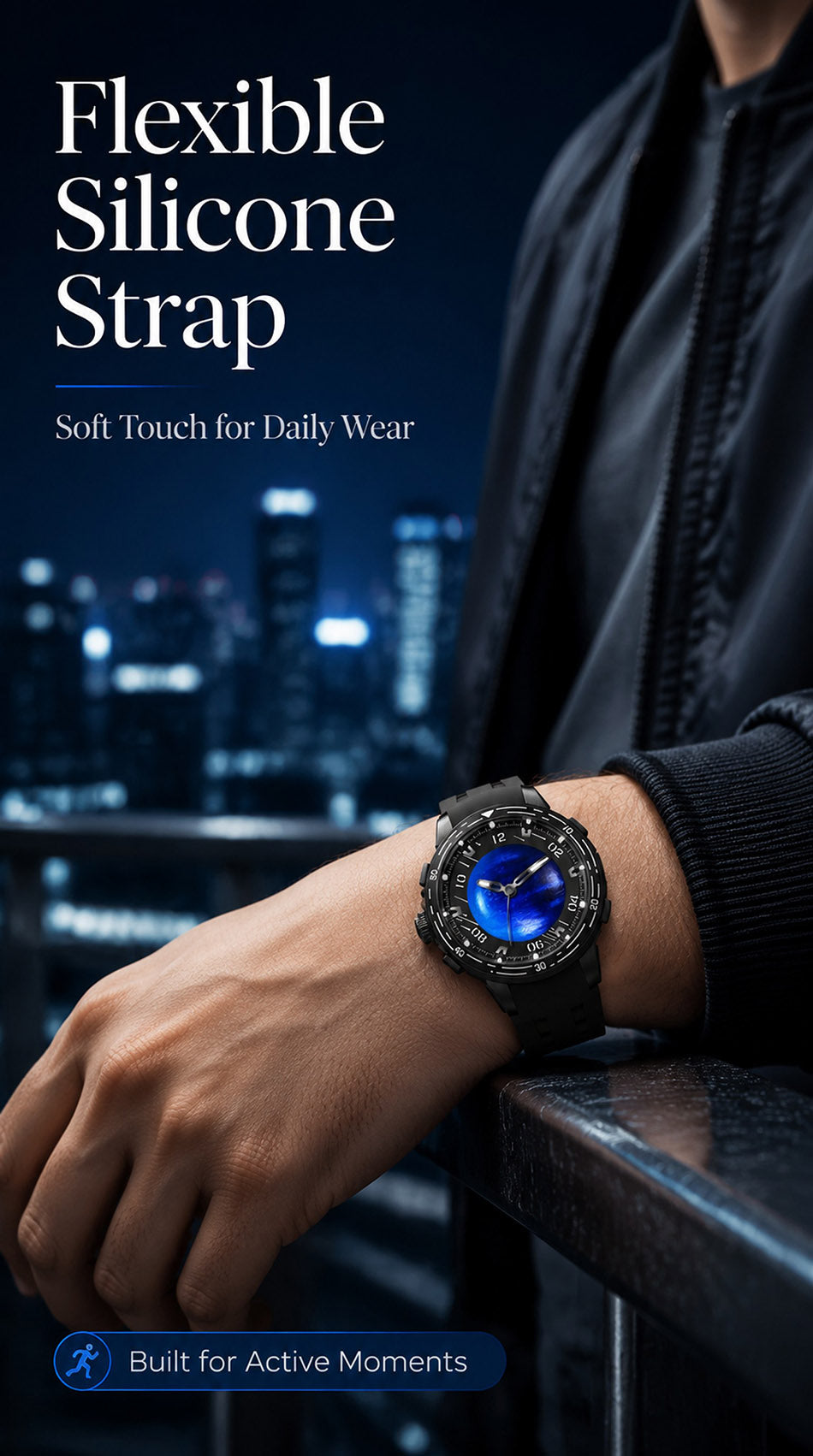 PINDU P6676 Planet Series flexible silicone strap panel, watch worn on a wrist above a blue night city skyline