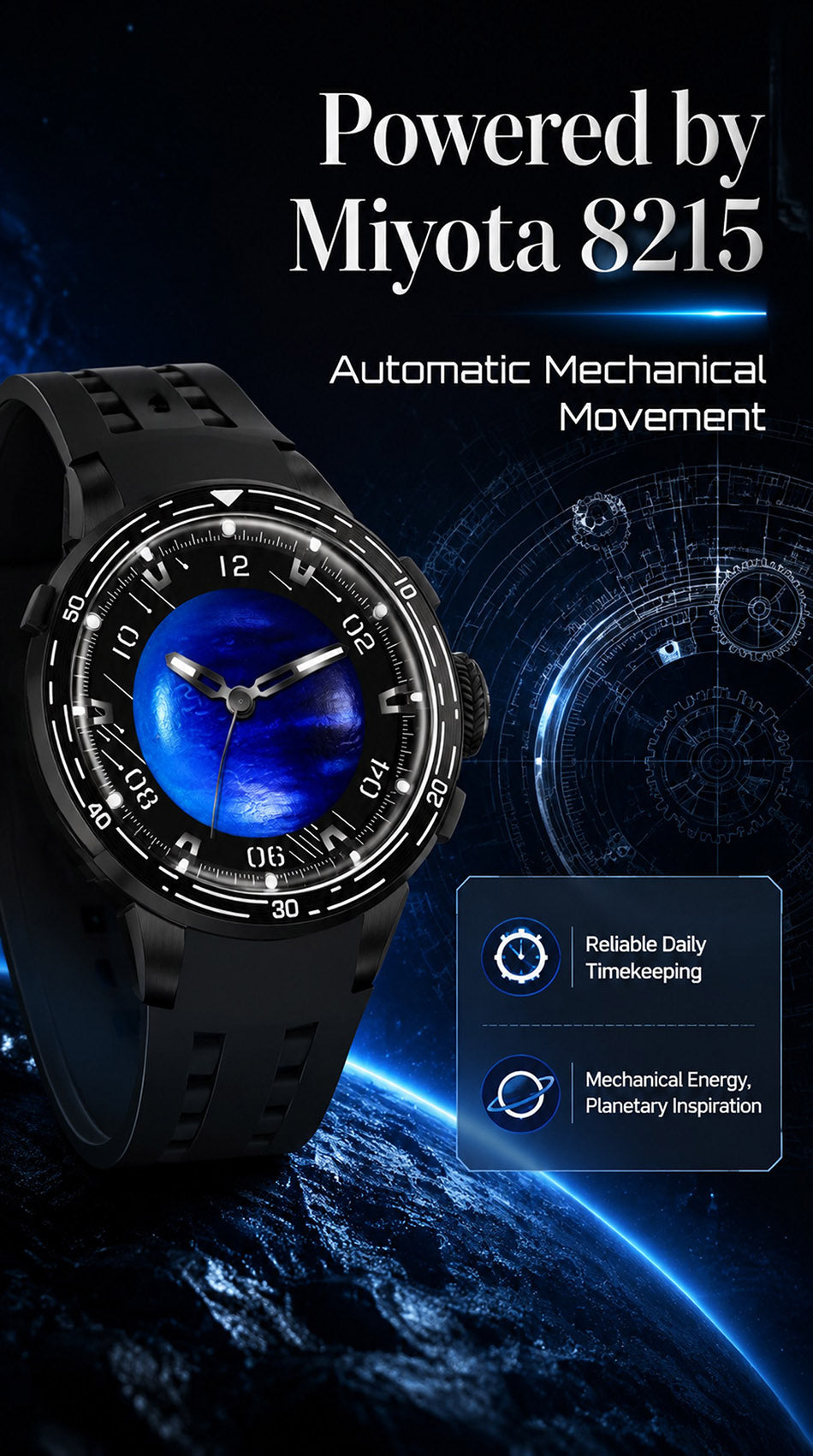 PINDU P6676 Planet Series Miyota 8215 automatic movement panel with gear schematic and reliable daily timekeeping callouts
