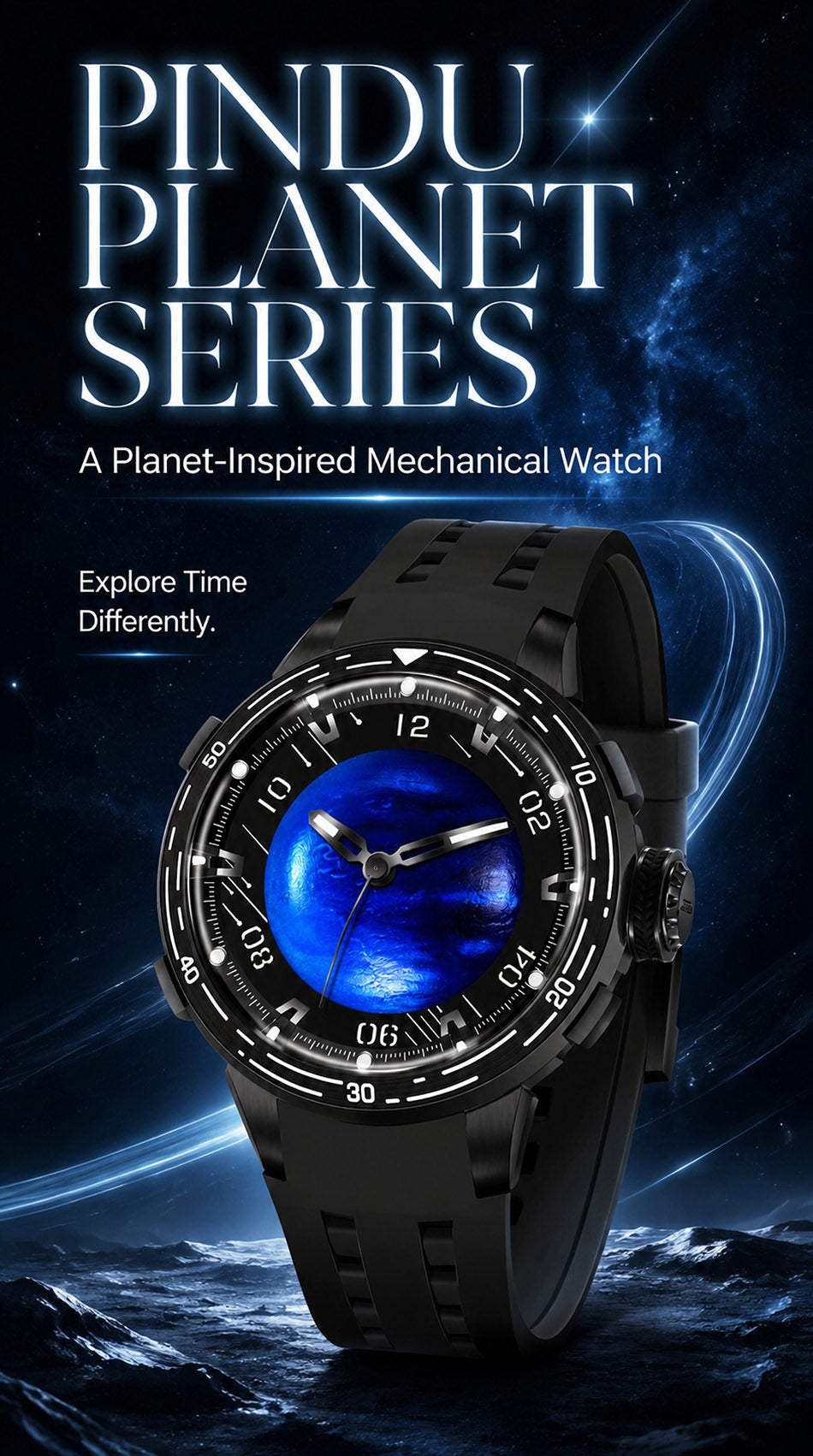 PINDU P6676 Planet Series Planet Series hero banner, black watch standing upright on a lunar landscape under a starry sky