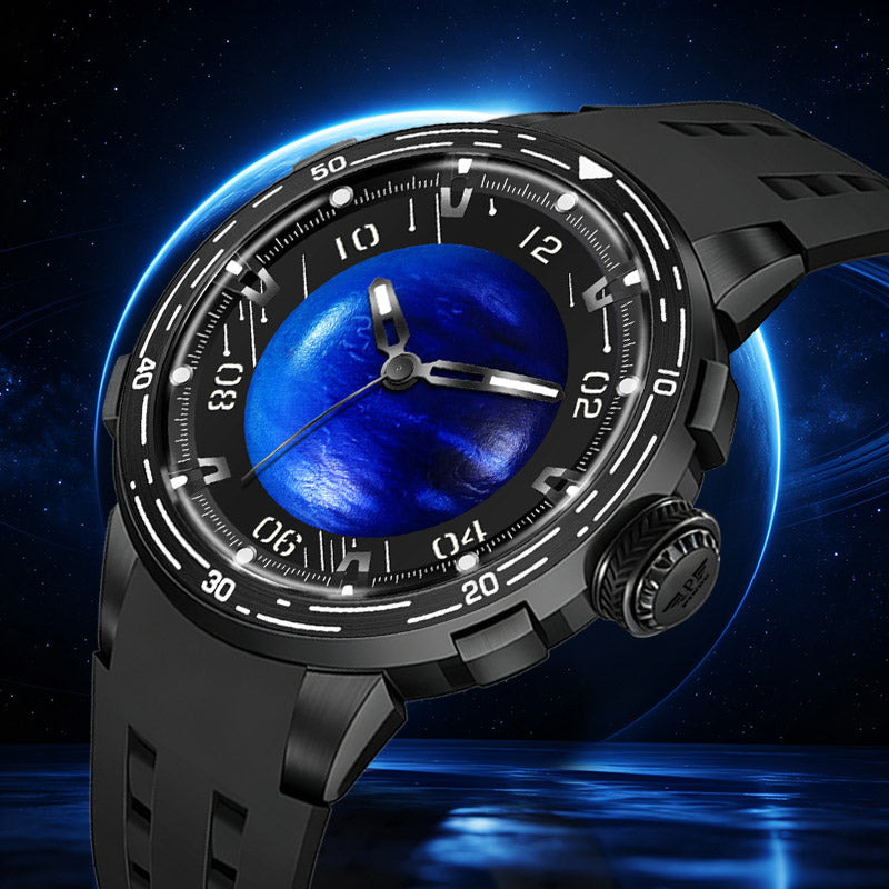 PINDU P6676 Planet Series black case shown at a three-quarter angle over a starfield, fluted crown and blue planet dial in vi